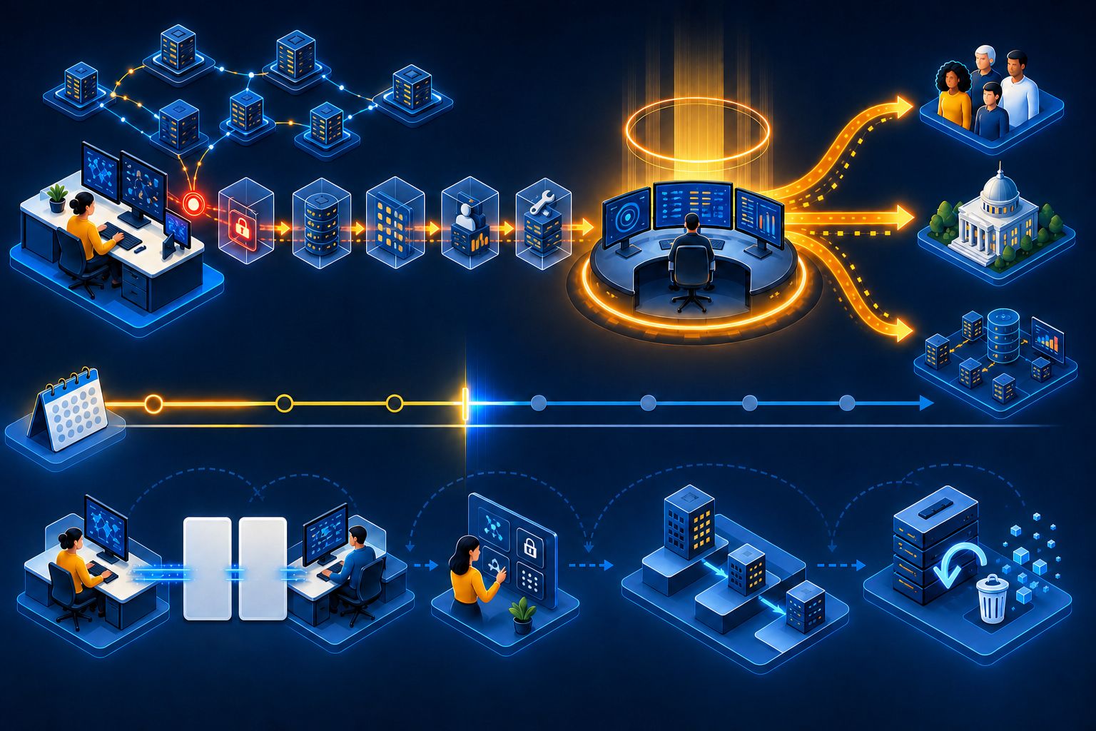 An international supplier signal moving through increasingly complete evidence containers into a buyer-controlled authority console, which directs separate individual, institutional, and reporting-network decisions above a scheduled controller-processor contract, rights, subprocessor, and disposal transition lane