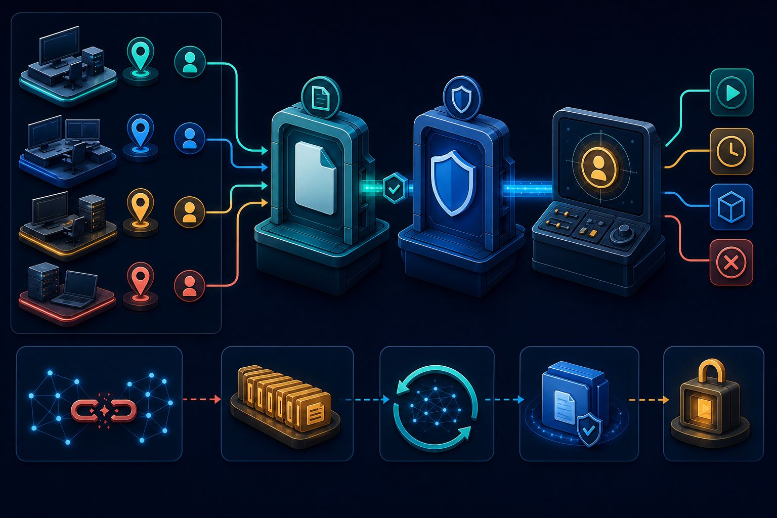 Four disclosed international work locations passing through separate contract and security gates into a buyer authority console, with an interrupted network continuing through an offline queue, reconciliation loop, evidence packet, and buyer-controlled release