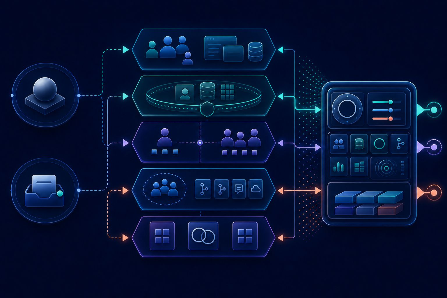 A legal-entity node and separate service inbox feeding an operational crosswalk of people, data boundaries, delivery teams, tools, and authority into a buyer-controlled console through normal, consumer-rights, and urgent-incident paths