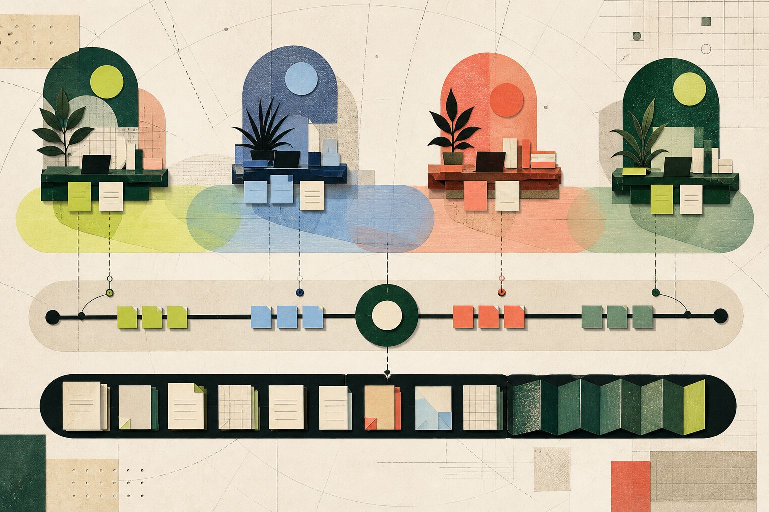 Four distributed work stations connected by shared delivery records and handover controls