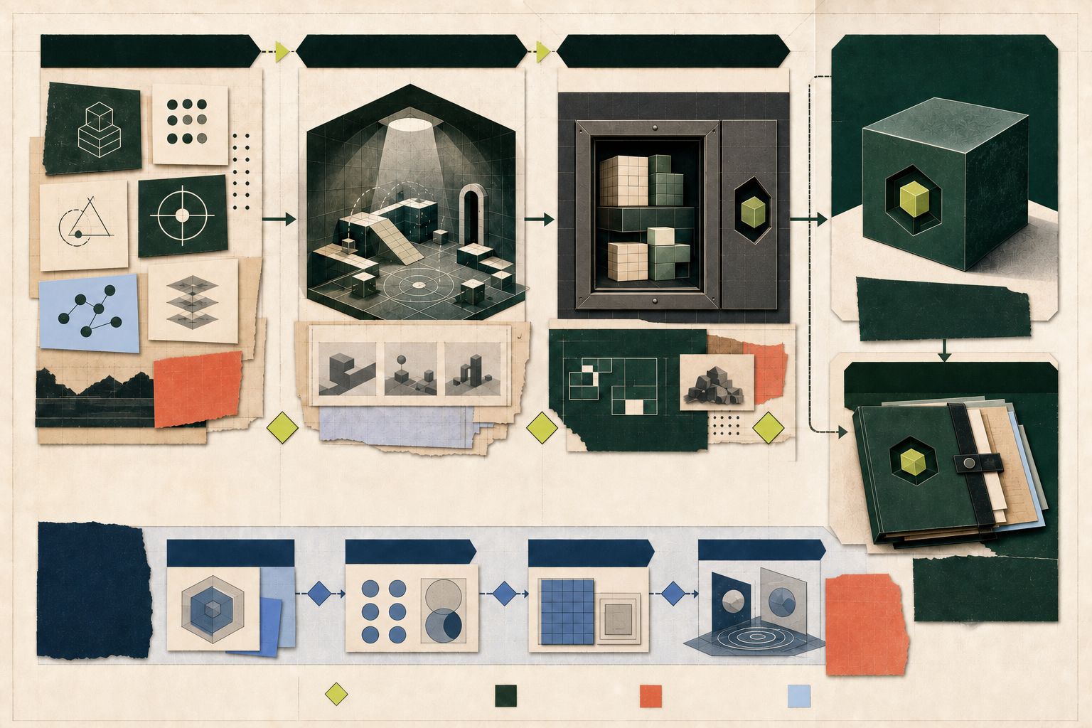 Abstract game concept components moving through a playable vertical-slice chamber, production integration, buyer-controlled release enclosure, and portable handover package, with a separate lower testing and regulated-review path
