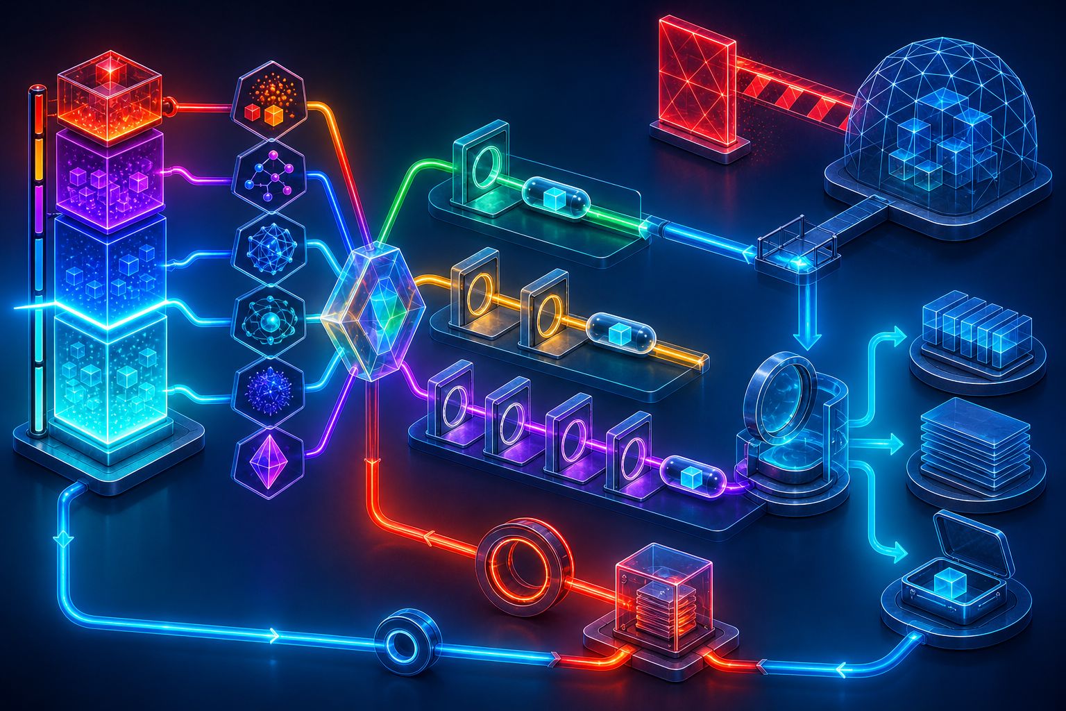 Four stacked information classes and six abstract risk factors converging on a three-tier approval system, with Critical data blocked from remote access while an eligible artifact crosses a controlled bridge and returns through inspection, records, incident, rollback, and exit paths