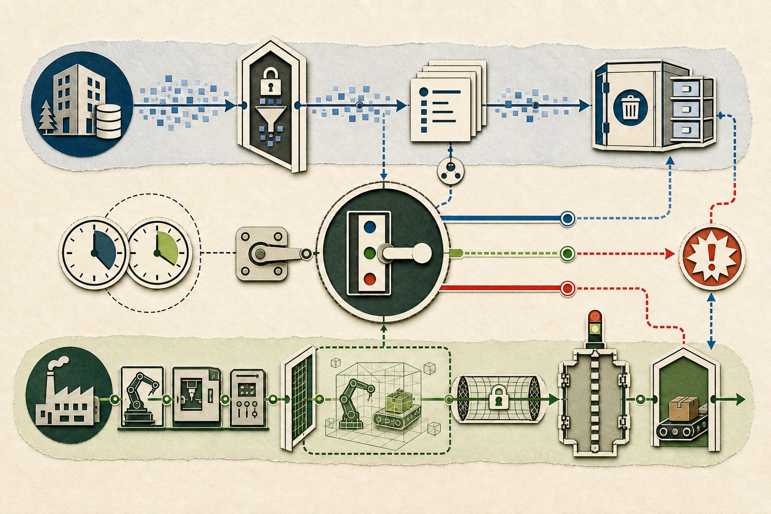 An enterprise-data lane and a manufacturing-system lane passing through separate privacy, evidence, staging, monitored-access, safety, and return gates, all controlled by a central buyer-owned switch linked to two operating clocks and a distinct urgent incident relay