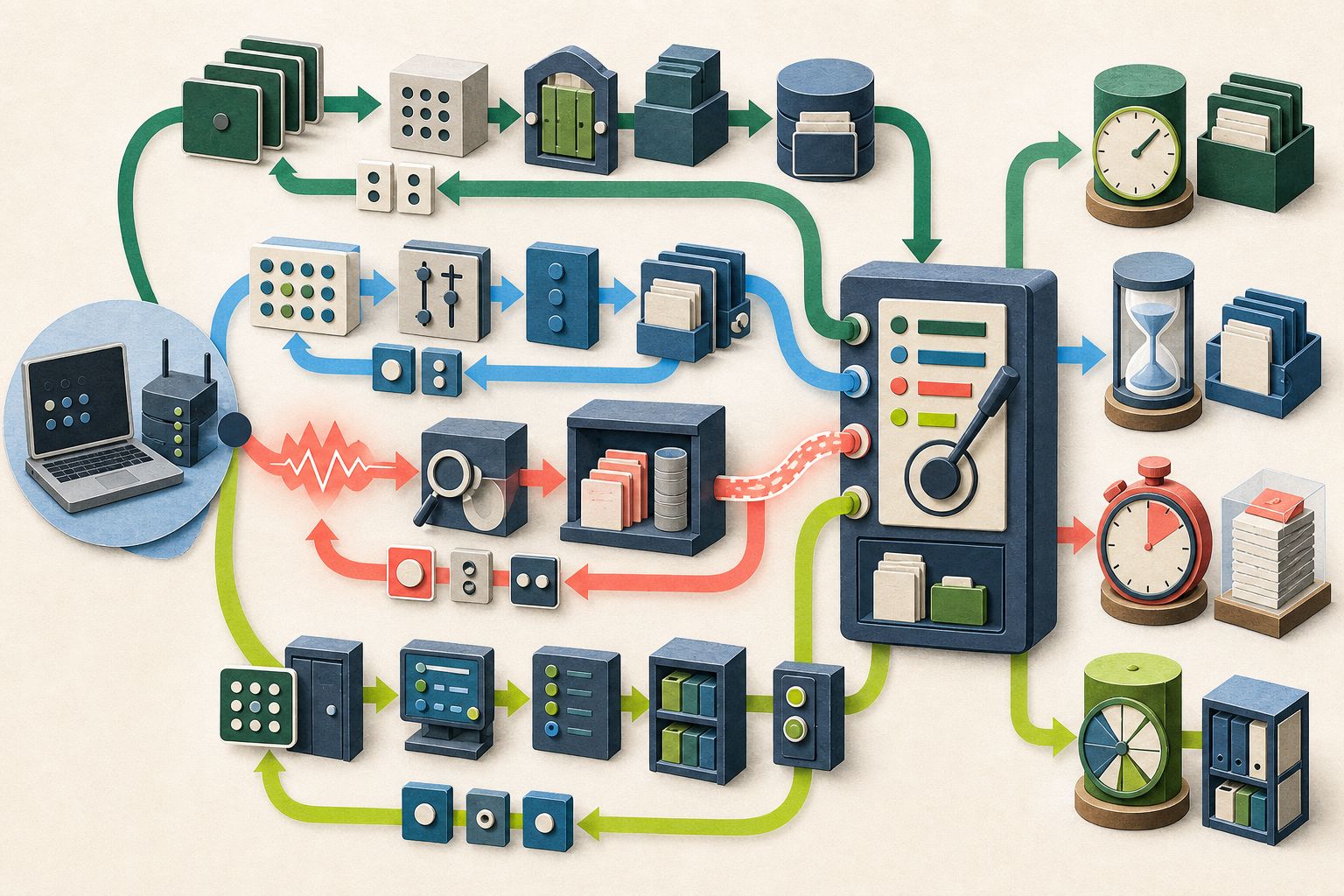 Four separate outsourcing evidence lanes for ordinary engineering, consumer-data processing, insurance investigation, and State systems feeding a buyer-owned relay with distinct retention clocks and an urgent incident path