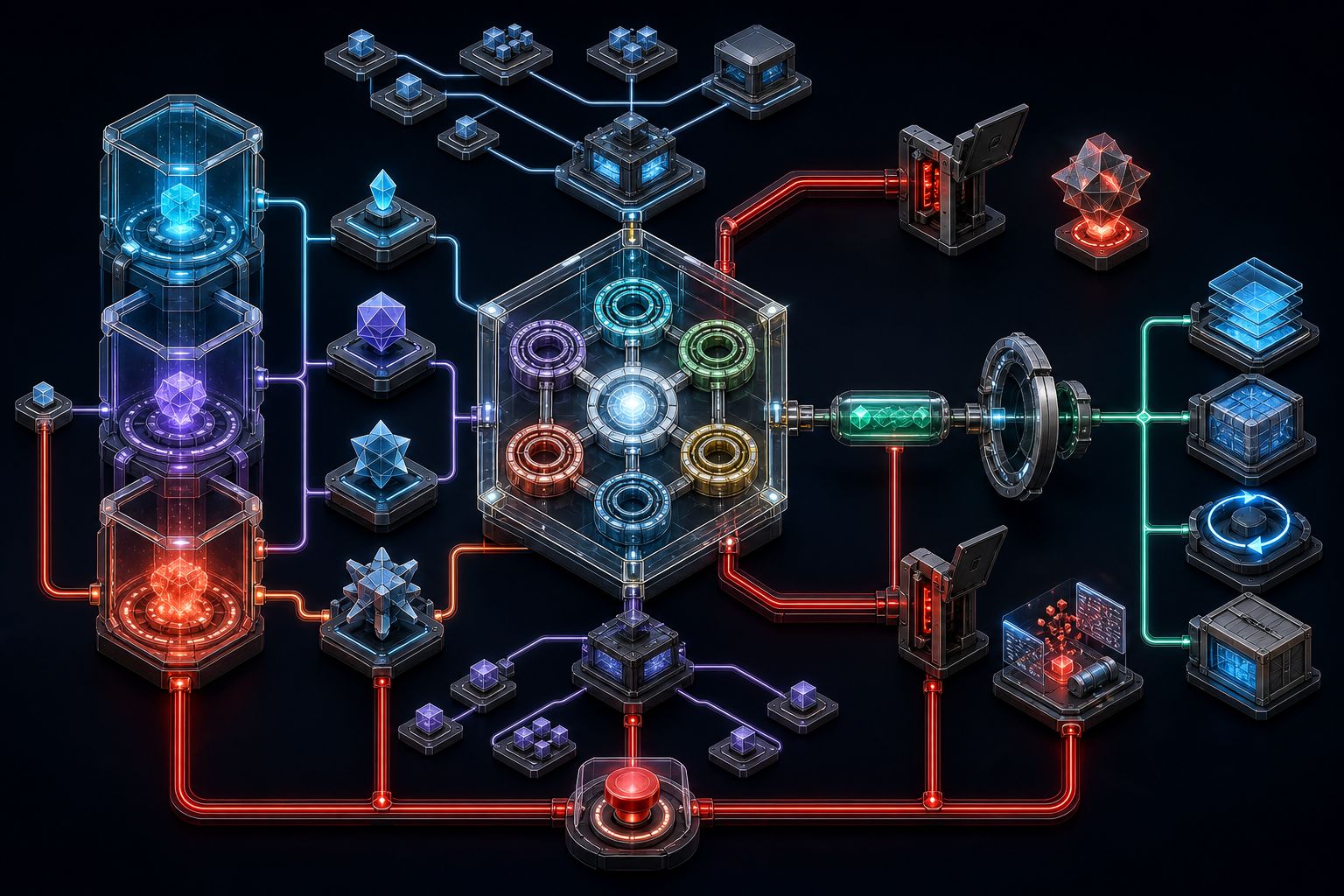 Three abstract data classes and four AI autonomy nodes feeding a six-ring positive-control chamber, with component genealogy, two separate statutory disconnects, an eligible-artifact bridge, mechanical human-release aperture, records, rollback, exit, and emergency-stop paths