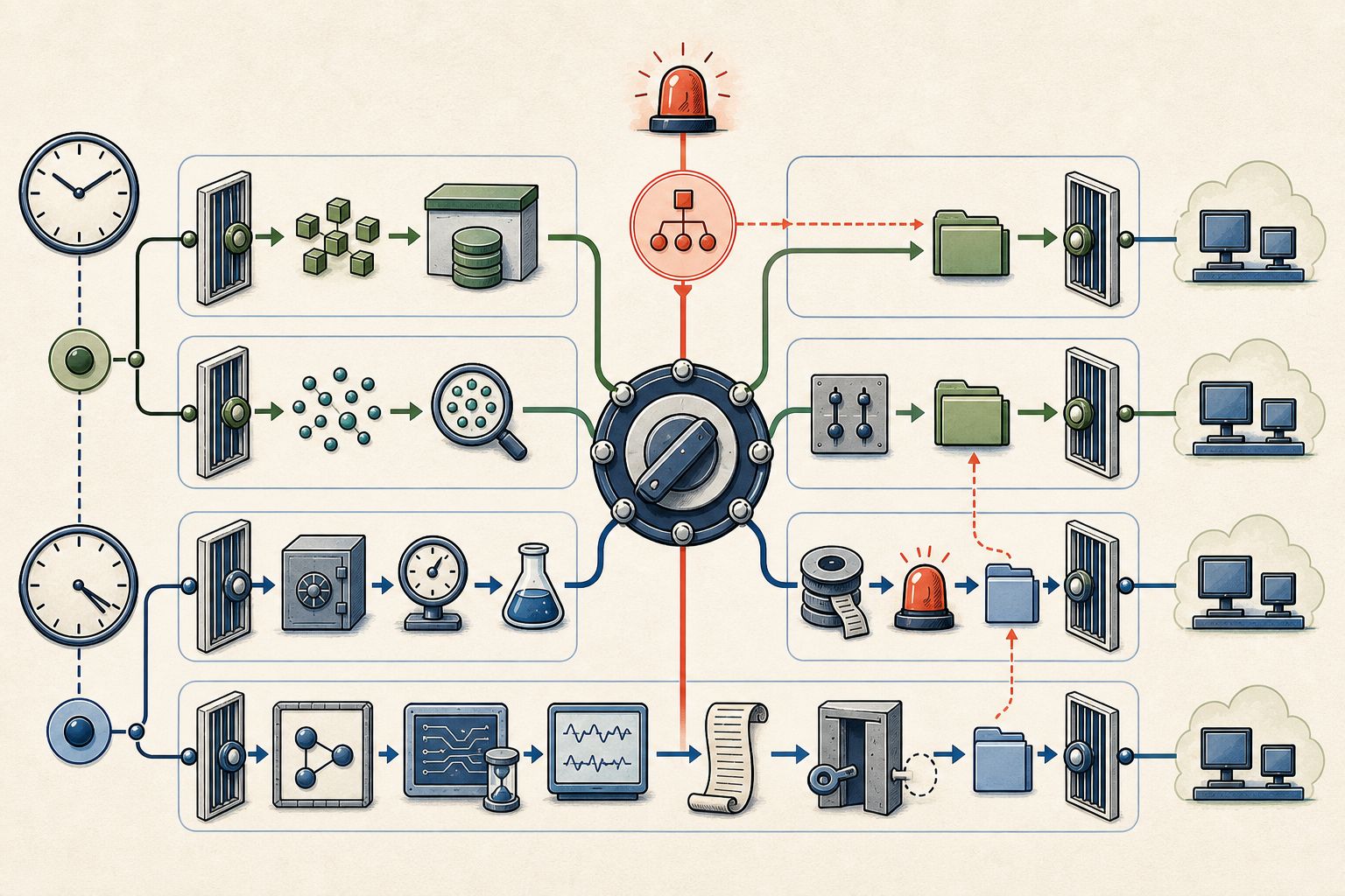 Four separate outsourcing lanes for ordinary engineering, consumer-data processing, insurance systems, and government systems passing through a central buyer-owned context switch, controlled gates, evidence return, two clocks, and a distinct urgent incident relay