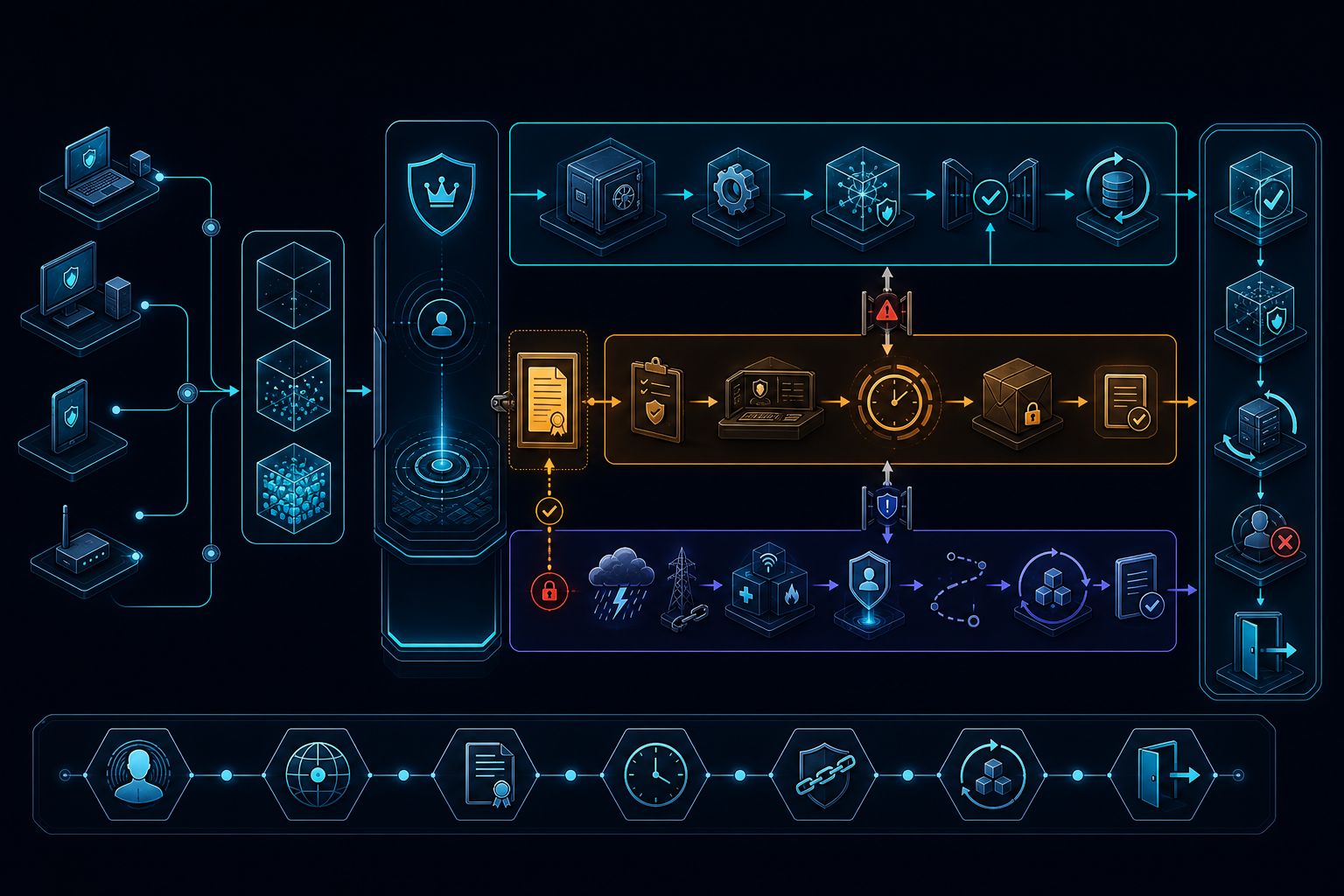 An international supplier signal becoming a progressive evidence capsule before a buyer-controlled console routes it through separate private-data, contract-activated public-body, and severe-weather continuity lanes with gated cross-escalation and buyer-owned recovery