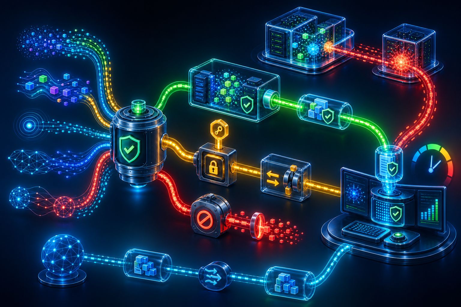 Five abstract customer-data signals converging on a permission vault before separate approved-service, consent-and-revocation, and prohibited-use paths connect to a buyer-controlled console, while a nested provider and ancillary-provider event returns through a distinct incident relay