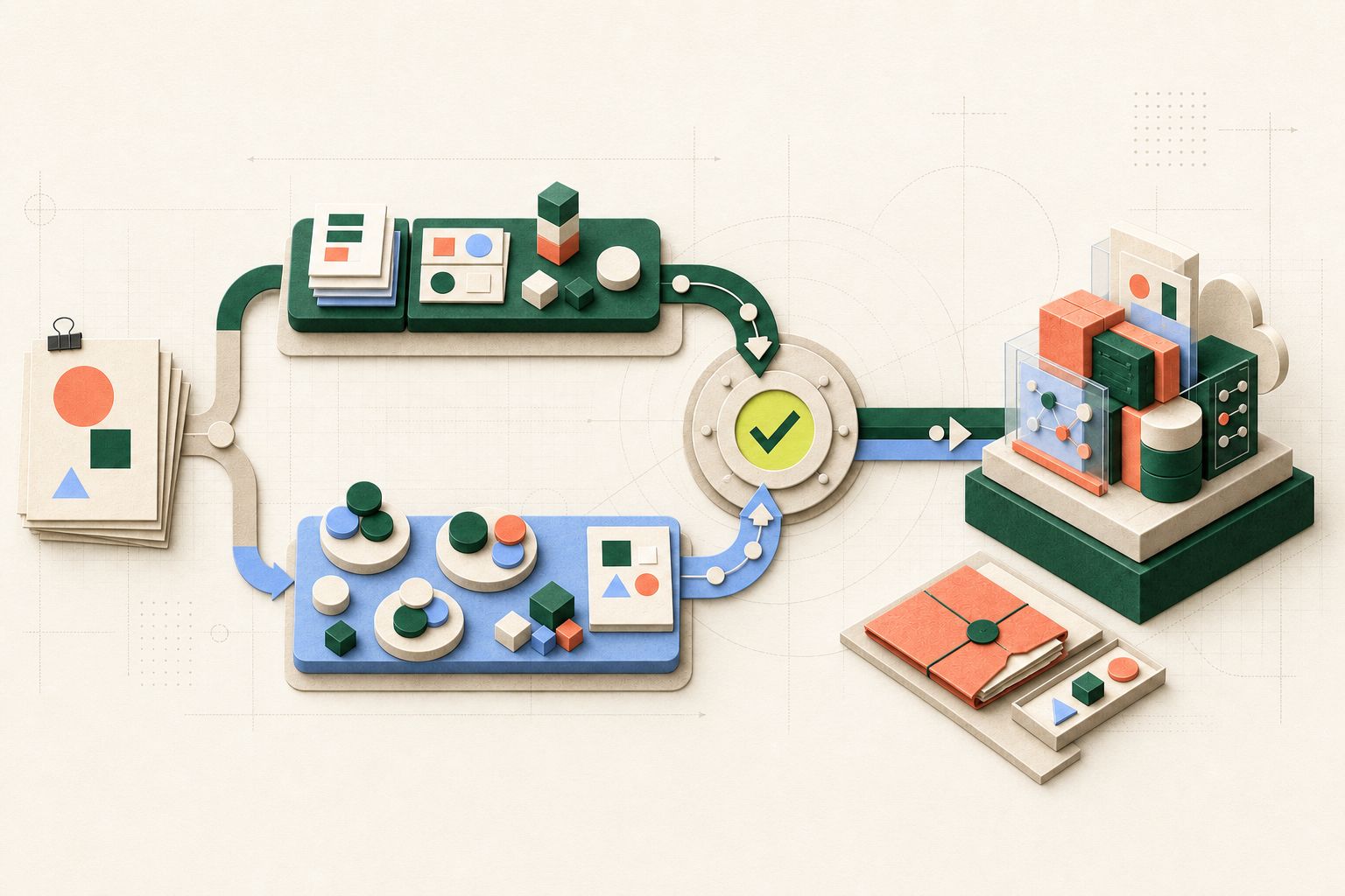 Two disclosed delivery paths from a buyer brief converge at an acceptance checkpoint before a client-owned software system and handover packet