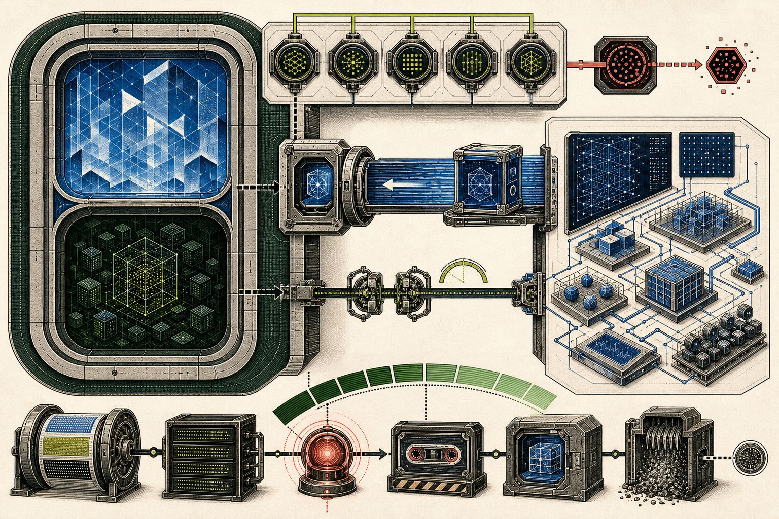 Two protected State data chambers inside a double-wall enclosure facing an isolated engineering clean room, with a one-way versioned-artifact bridge, a separate narrow timed support aperture, five AI approval controls, a prohibited-technology cutoff, records, incident, rollback, return, retention, and secure-destruction paths