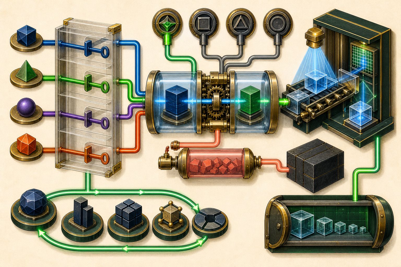 Four abstract service streams passing through a keyed disclosure ledger into coupled primary and recovery chambers, with four separate exception apertures, buyer-controlled artifact inspection, a sealed unapproved-location path, annual exercise loop, incident evidence capsule, and exit archive