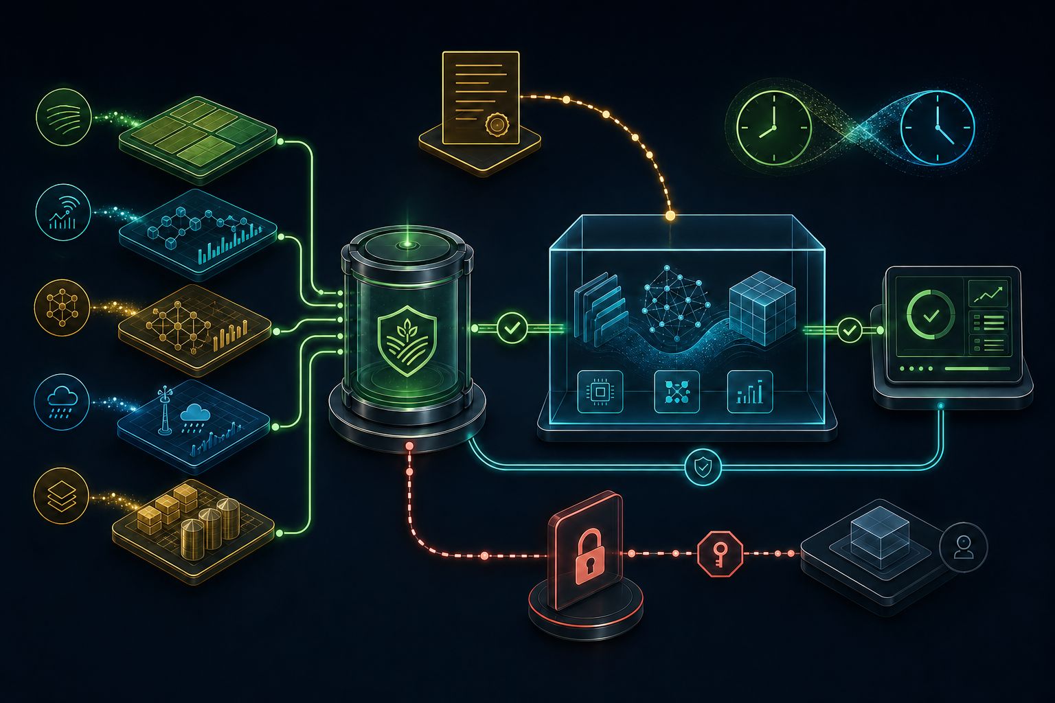 Five agricultural data sources converging on a producer-owned authority vault before an approved service path enters a processing enclosure and returns evidence to a buyer console, while a separate transfer branch remains locked behind consent and a dated contract arc connects two time-zone clocks