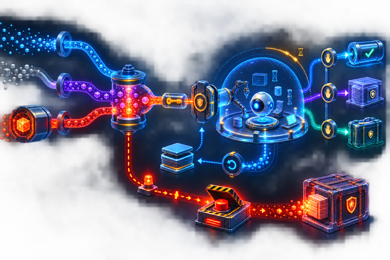 Low, unclassified, and high-risk data streams entering a derivation chamber whose output passes through an expiring capability key into a bounded AI workspace, with human release gates, rollback, evidence, exit, and an emergency kill switch