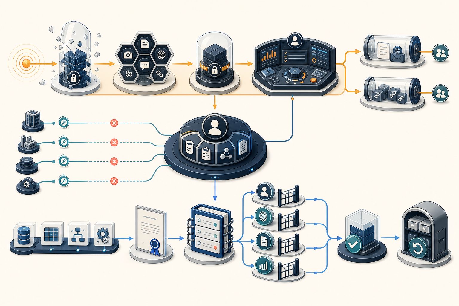 A current incident-evidence lane and a planned privacy-cutover lane connected by a buyer-controlled operation ledger, four separate approval gates, narrow supplier access, and a reversible exit archive