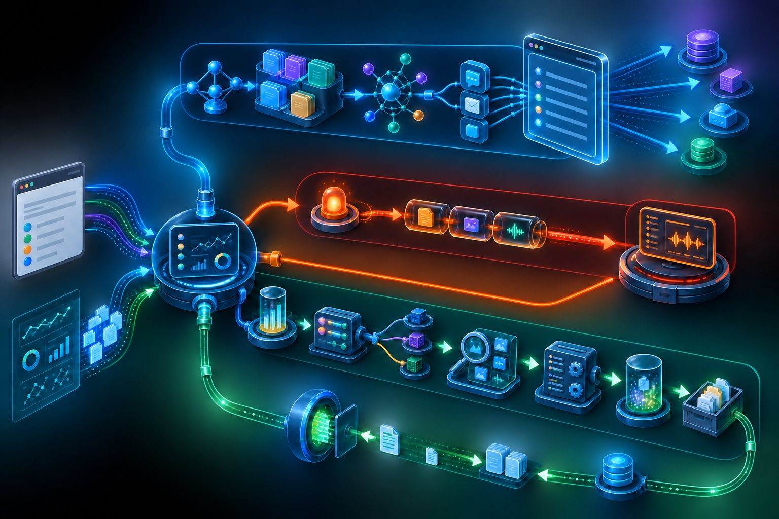 A public interface, threshold gate, supplier operation chain, customer-rights return loop, and urgent incident channel connecting through a buyer-controlled evidence console on three separate paths