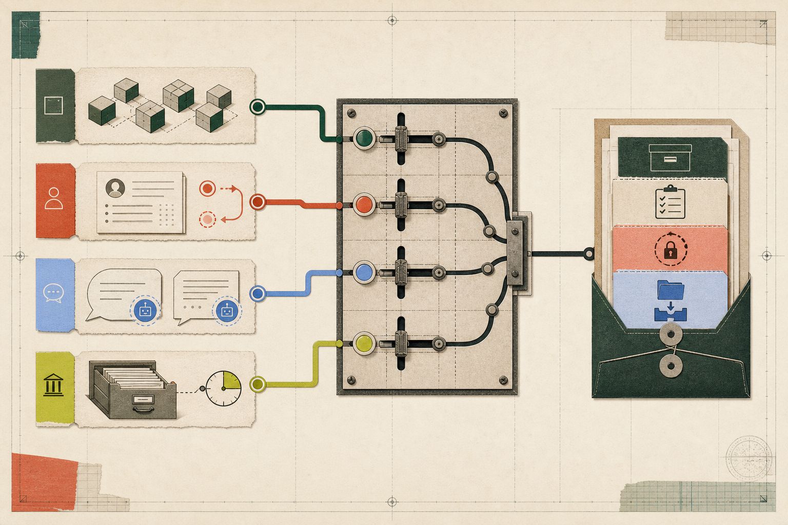 Four work streams for software, consumer data rights, generative AI, and government records passing through independently controlled gates into one buyer-owned evidence and handover packet