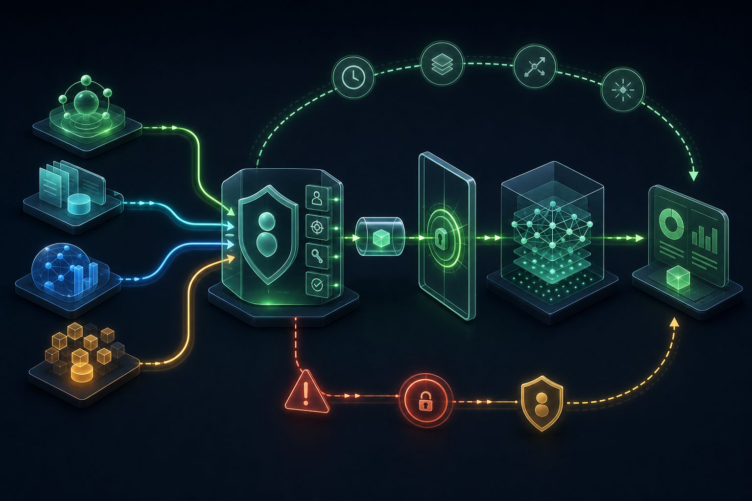 Four distinct data sources converging on an identity and purpose checkpoint before an evidence capsule crosses a buyer-controlled gate into an AI workspace, with separate future-transition and urgent-incident paths returning to buyer authority