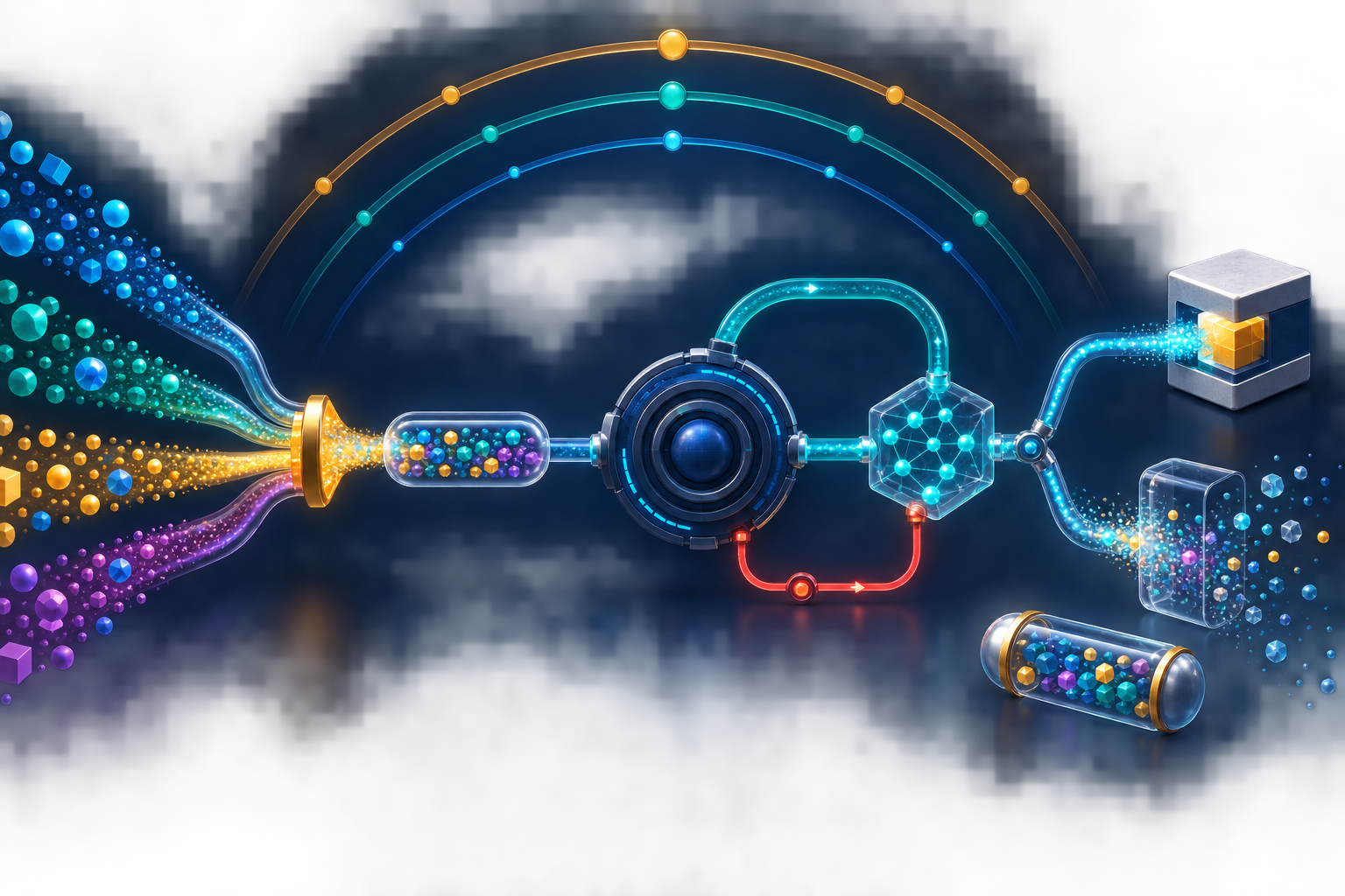 Four abstract data streams narrowing through a purpose gate into a manifest capsule, crossing a buyer-controlled hub and bounded supplier network before separating into return, preserved-record, verified-destruction, resident-request, and urgent-incident paths